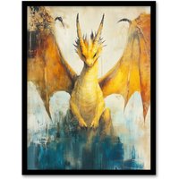Artery8 Yellow Dragon With Big Wings Fantasy Oil Painting Framed Art Print | Size: W12" x H16"