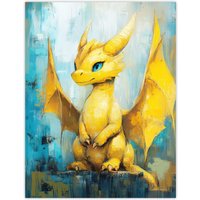 Artery8 Cute Yellow Baby Dragon Fantasy Oil Painting Wall Art Print | Size: W24" x H32"