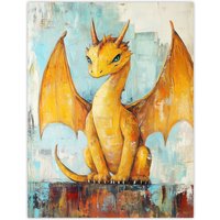Artery8 Cute Yellow Dragon with Big Wings Oil Painting Wall Art Print | Size: W12" x H16"