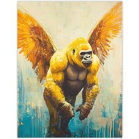 Artery8 Golden Yellow Gorilla Angel Wings Oil Painting Wall Art Print | Size: W24" x H32"