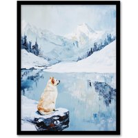 Artery8 Husky In Snowy Mountain Lake Landscape Dog Lover Framed Art Print in Blue | Size: A4
