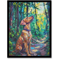 Artery8 Golden Lab Puppy in Forest Oil Painting Dog Lover Framed Art Print in Green | Size: W12" x H16"