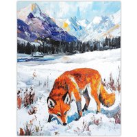 Artery8 Red Fox in Snowy Mountain Winter Landscape Wall Art Print in Orange | Size: W12" x H16"