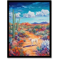 Artery8 White Labrador in Blooming Cacti Oasis Dog Lover Framed Art Print | Size: A4