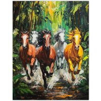 Artery8 Wild Horses Galloping Through Forest Oil Painting Wall Art Print in Green | Size: W12" x H16"