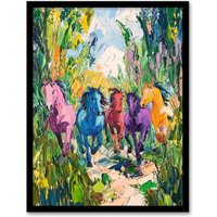 Artery8 Colourful Horses Running Through Forest Abstract Framed Art Print in Green | Size: A4
