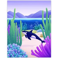Artery8 Orca Whale Coastal Coral Reef Underwater Scene Wall Art Print in Purple | Size: W24" x H32"