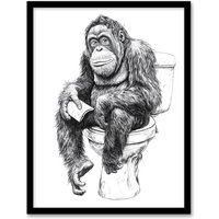 Artery8 Orangutan Ape On Toilet Funny Black White Drawing Framed Art Print | Size: W12" x H16"