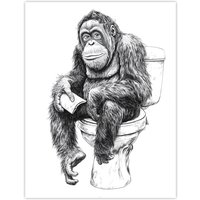 Artery8 Orangutan Ape On Toilet Funny Black White Drawing Wall Art Print | Size: W24" x H32"