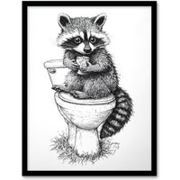 Artery8 Cute Raccoon On Toilet Funny Black White Drawing Framed Art Print | Size: W12" x H16"