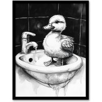 Artery8 Cute Duckling Sink Bath Time Black White Drawing Framed Art Print | Size: A4
