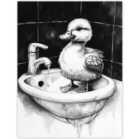 Artery8 Cute Duckling Sink Bath Time Black White Drawing Wall Art Print | Size: W18" x H24"