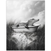 Artery8 Cute Alligator in Bathtub Black White Fun Cheeky Wall Art Print in Grey | Size: W12" x H16"