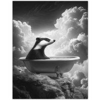 Artery8 Badger in Bathtub on a Mountain Cliff Black White Wall Art Print in Grey | Size: W12" x H16"