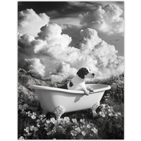 Artery8 Dog Lover Beagle in Floral Meadow Bathtub Surreal Wall Art Print in Grey | Size: W18" x H24"