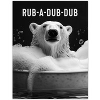 Artery8 Polar Bear in Bathtub Bath Time Rub A Dub Fun Wall Art Print in White | Size: W24" x H32"
