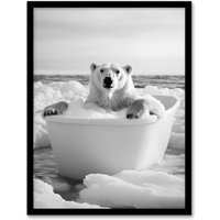 Artery8 Polar Bear In Bathtub Black White Arctic Seascape Framed Art Print in Grey | Size: A4