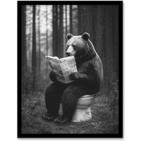 Artery8 Grizzly Bear Toilet Newspaper Black White Forest Framed Art Print | Size: A4