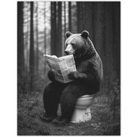 Artery8 Grizzly Bear Toilet Newspaper Black White Forest Wall Art Print | Size: W12" x H16"