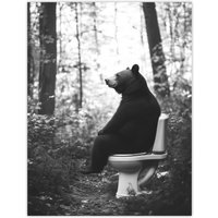 Artery8 Grizzly Bear Toilet Black White Forest Landscape Wall Art Print in Grey | Size: W18" x H24"