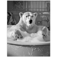Artery8 Polar Bear Bathtub Bubble Bath Black White Funny Wall Art Print in Grey | Size: W24" x H32"