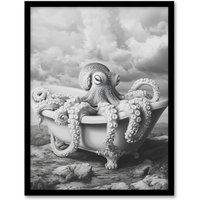 Artery8 Giant Octopus Bathtub Black White Mountain Cliff Framed Art Print | Size: A4