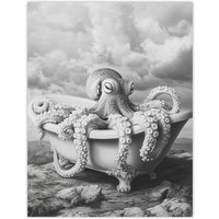 Artery8 Giant Octopus Bathtub Black White Mountain Cliff Wall Art Print | Size: W24" x H32"