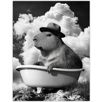 Artery8 Capybara with Hat in Bathtub Black White Surreal Wall Art Print in Grey | Size: W12" x H16"