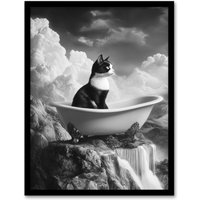 Artery8 Cat Lover Kitten Bathtub Waterfall Cliff Surreal Framed Art Print in Grey | Size: W12" x H16"