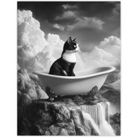 Artery8 Cat Lover Kitten Bathtub Waterfall Cliff Surreal Wall Art Print in Grey | Size: W24" x H32"