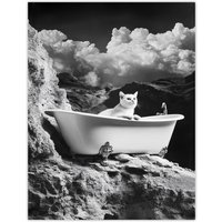 Artery8 Cat Lover Pet Bathtub on Mountain Cliff Surreal Wall Art Print in Grey | Size: W24" x H32"