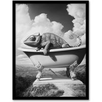 Artery8 Large Chameleon in Bathtub Black White Surreal Framed Art Print in Grey | Size: A4