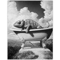 Artery8 Large Chameleon in Bathtub Black White Surreal Wall Art Print in Grey | Size: W24" x H32"