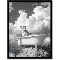 Artery8 Cheetah in Bathtub Black White Desert Surreal Framed Art Print in Grey | Size: W12" x H16"