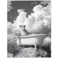 Artery8 Cheetah in Bathtub Black White Desert Surreal Wall Art Print in Grey | Size: W18" x H24"
