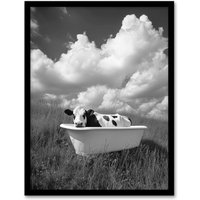 Artery8 Cow In Bathtub in a Field Black White Surreal Framed Art Print in Grey | Size: A4