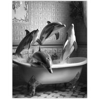Artery8 Dolphins Playing in Bathtub Black White Surreal Wall Art Print in Grey | Size: W24" x H32"