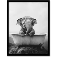Artery8 Cute Baby Elephant In Bathtub Black White Surreal Framed Art Print in Grey | Size: W12" x H16"
