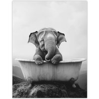 Artery8 Cute Baby Elephant In Bathtub Black White Surreal Wall Art Print in Grey | Size: W18" x H24"