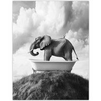 Artery8 Elephant in Bathtub on a Hill Black White Surreal Wall Art Print in Grey | Size: W18" x H24"
