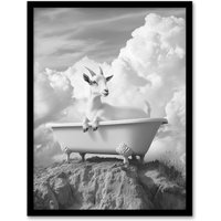 Artery8 Goat in a Bathtub on a Hill Black White Surreal Framed Art Print in Grey | Size: A4
