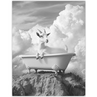 Artery8 Goat in a Bathtub on a Hill Black White Surreal Wall Art Print in Grey | Size: W18" x H24"