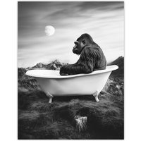 Artery8 Gorilla Ape in Bathtub Black White Valley Surreal Wall Art Print in Grey | Size: W24" x H32"