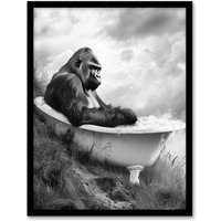 Artery8 Gorilla Bubble Bath Bathtub Black White Surreal Framed Art Print in Grey | Size: W12" x H16"