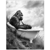 Artery8 Gorilla Bubble Bath Bathtub Black White Surreal Wall Art Print in Grey | Size: W12" x H16"