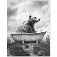 Artery8 Bear Bath in Mountain Bathtub Black White Surreal Wall Art Print in Grey | Size: W24" x H32"