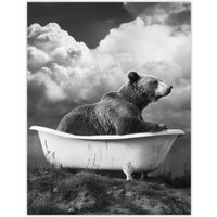 Artery8 Surreal Bear in Bathtub Black White Bath Time Wall Art Print in Grey | Size: W12" x H16"