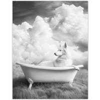 Artery8 Husky in a Bathtub on Field Black White Surreal Wall Art Print in Grey | Size: W24" x H32"