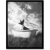 Artery8 Collie in a Bathtub Black White Surreal Dog Lover Framed Art Print in Grey | Size: W12" x H16"