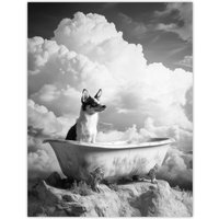 Artery8 Puppy Bathtub on Mountain Peak Surreal Dog Lover Wall Art Print in Grey | Size: W24" x H32"